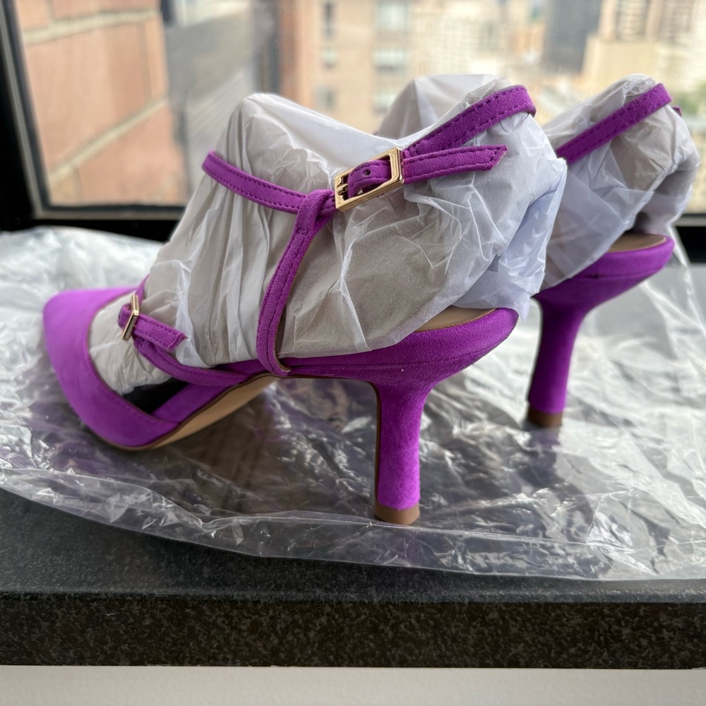 ANN TAYLOR Strappy Asymmetrical Suede Pumps‎ Heels In Neon Fuchsia Size US 6.5 - Picture 5 of 9